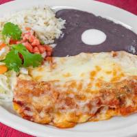 Roasted Vegetable Enchiladas · two enchiladas with rice, beans, escabeche, pico de Gallo, choice of sauce