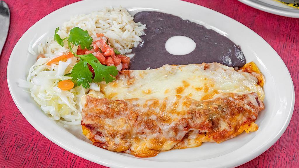 Roasted Vegetable Enchiladas · two enchiladas with rice, beans, escabeche, pico de Gallo, choice of sauce
