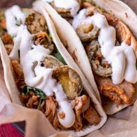 Smoked Chicken Taco Plate · 3 tacos with guacamole, fried jalapenos, crema & cilantro, choice of side, make gluten frien...