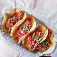 Pork Pibil Taco Plate · 3 tacos with ancho-citrus braised pork, pickled onion, cilantro, gluten friendly, choice of ...