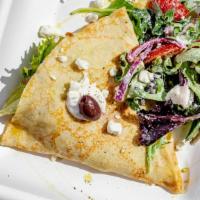 Greek Crepe · Feta cheese, tomato, red onion, cucumber, kalamaia olives, bell pepper, mix greens, and lemo...
