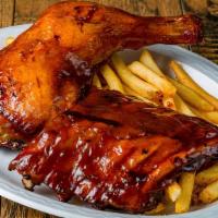 Ribs & 1/4 Chicken Leg · 4 Bones of BBQ Ribs & 1/4 Chicken Leg served with side of choice.