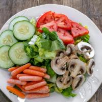 Garden Salad · Cucumber, tomatoes, carrots, and mushrooms.
come with Ranch and Balsamic Vinaigrette dressin...