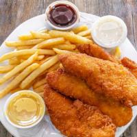 Chicken Finger And Fries · Four large breaded strips of chicken breast and french fries with honey mustard, Ranch and B...