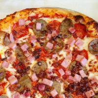 Small Supreme Pizza · Pepperoni, sausage, ham, bacon, green peppers, onion, black olives and mushroom.