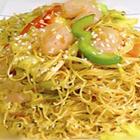Singapore Style Rice Noodles · Hot and spicy. Fresh shrimp and pork with shredded vegetables mixed with thin white rice noo...
