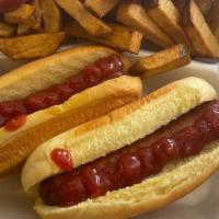 2 Hot Dogs · 2 delicious hot.  dogs in. potato buns with sauce by your chose (Ketchup,  BBQ, Mustard, Hon...