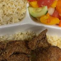 White Rice/Fried Chicken · cooked white rice with fried chicken and fresh vegetable (tomato, green pepper, onion, cucum...