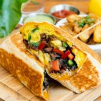 Breakfast Burrito · Scrambled eggs, peppers, black beans, Cheddar cheese, bacon, avocado tomatillo sauce, and ho...