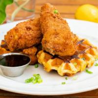 Chicken + Waffle · Fried chicken, waffles + maple syrup.