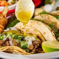 Tacos Supreme · Corn or flour. Choose your meat and topped it with lettuce, tomato, cheese, and sour cream.