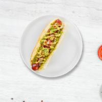 Hotdog Hopper · Traditional Hotdog with onion, cilantro, and salsas.