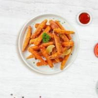 Sweet Spud Fries · Thick-cut sweet potato wedges fried until golden brown.