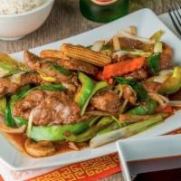 Mongolian Beef · Hot and spicy. Onions, peppers, scallion, water chestnuts, baby corn, carrot, celery, mushro...