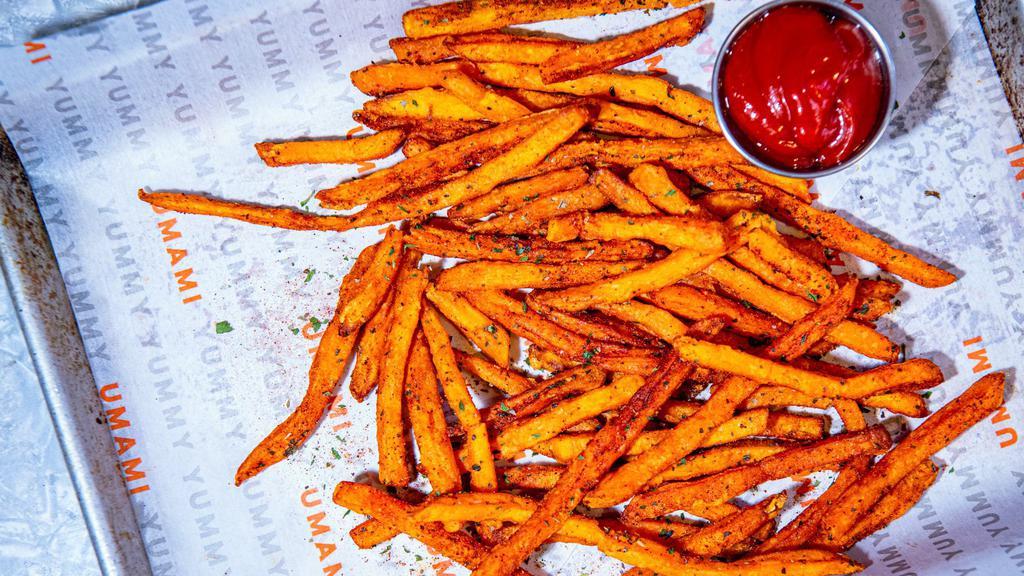 Sweet Potato Thin Fries · Seasoned with our Umami spice and served with your choice of one sauce.