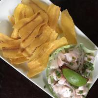 Ceviche Blanco · Scallop - Shrimp - Serrano Leche De Tigre - Plantain Chips.