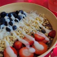 Acai Bowl · Acai Berry, Oats, Banana, Coconut Milk topped w/ Granola, Blueberry, Strawberry,
Almond, Coc...