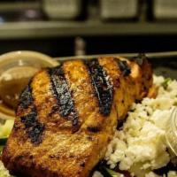 Salmon Salad · Grilled Salmon, Mix Greens, Tomatoes, Onions, Cucumbers, Feta Cheese Tossed in Balsamic Dres...