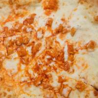 Buffalo Chicken Pizza · Chicken, ranch or blue cheese, buffalo texas hot sauce, and Mozzarella.