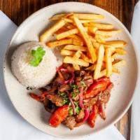 Lomo Saltiado · Your choice of chicken or steak with red onions, tomatoes, cilantro, garlic and a ginger soy...