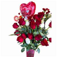 Balloon Hard Love Arrangement · 1 Balloon, 18 Colorful or Red Roses.