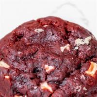 Red Velvet Cookie · Red and velvety soft cookie with sweet bits of white chocolate.