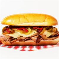 Steak And Cheese · Sliced steak, sauteed peppers and onions, and melted american cheese on an Italian roll.