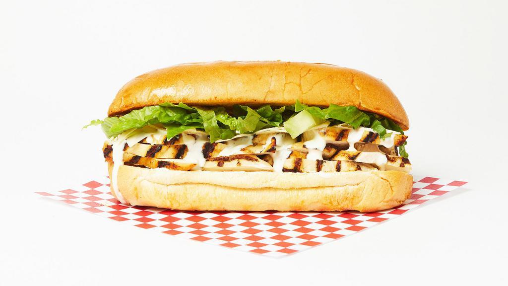 Chicken Caesar · Grilled sliced chicken, romaine, parmesan cheese, and caeser dressing on an Italian roll.