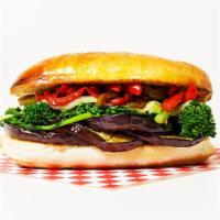 Veggie · Eggplant, broccoli, roasted red peppers, and fresh mozzarella on an Italian roll.
