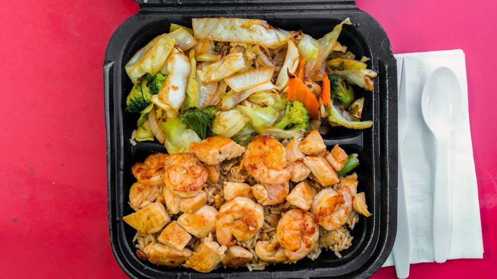 Chicken & Shrimp · Hibachi comes with fried rice or noodle yummy-yummy sauce and vegetables. included cabbage carrot broccoli and onions.
