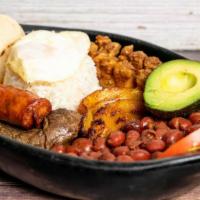 Bandeja Paisa · Red beans, rice, fried pork belly, sausage, grilled steak, fried egg sunny up, avocado, swee...