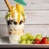 Ensalada De Frutas Con Helado · Fruits, coconut, peanuts, cheese, whipped cream, condensed milk and ice cream.