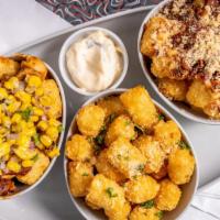 Tots Flight · 1620 cal. Get all three! Spicy cheese and bacon tots, BBQ chicken tots, and parmesan truffle...