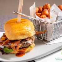 Bbq Bacon* · 670 cal. Donnie's choice. Beef burger, white cheddar, bacon, fresh jalapeños, BBQ sauce, and...