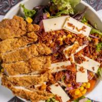 Southern Crispy Chicken · 910 cal. Crispy chicken, roasted sweet potato, roasted tomatoes, chopped bacon, roasted corn...