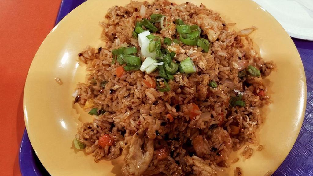 Spicy Thai Fried Rice With Beef, Chicken Or Shrimp · With egg, peas, carrots, onions, and your choice of protein.