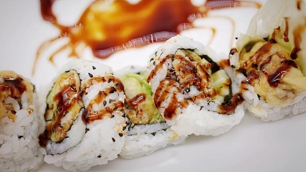 Spider Roll · 5 pieces. Soft shell crab, lettuce, cucumber and eel sauce.