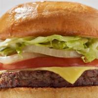 Classic Vegan Burger · Impossible pattie, lettuce, onions,, tomatoes, pickle, Vegan cheese.