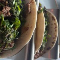 Meat Chimichurri Taco · Three pieces. Premium angus beef steak, red onions, green pepper, cilantro with chimichurri