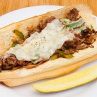 New York Cheese Steak · Beef strip steak, sauteed mushrooms, red onions and green peppers topped with provolone chee...