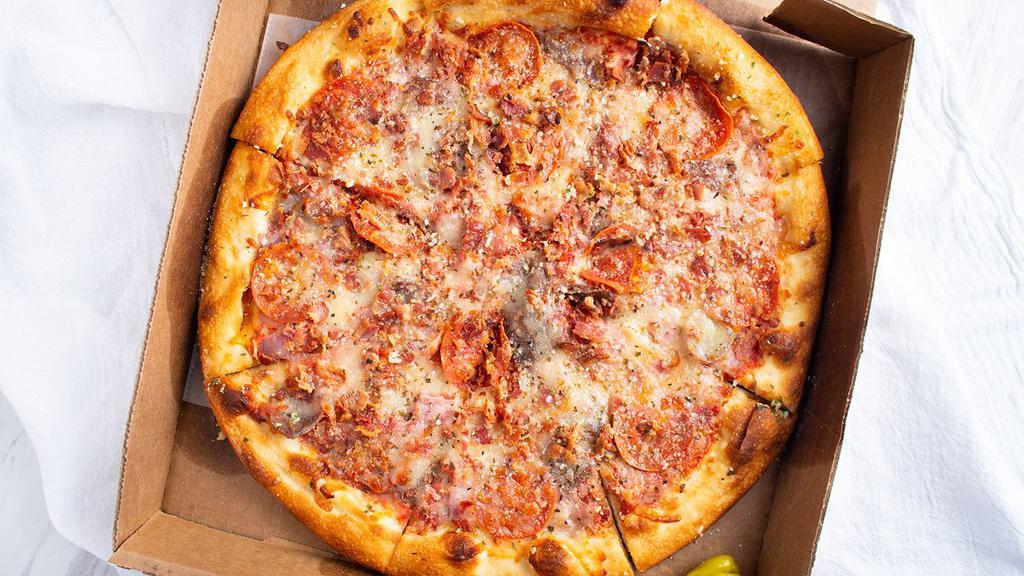 12 Inch Meat Lovers Pizza · Sausage, pepperoni, ham, bacon, extra cheese, garlic.