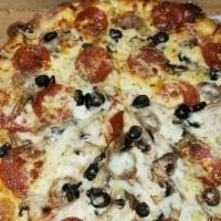 12 Inch Super Pizza · Mushrooms, black olives, onions, green peppers, sausage, pepperoni, extra cheese, garlic.