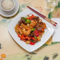 Happy Family · Shrimp, scallops, crab meat, chicken, pork, and beef with Chinese vegetables in brown sauce....