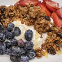 Healthy Crunch · Home-made granola, honey, strawberries & blueberries; Greek yogurt OR almond milk.