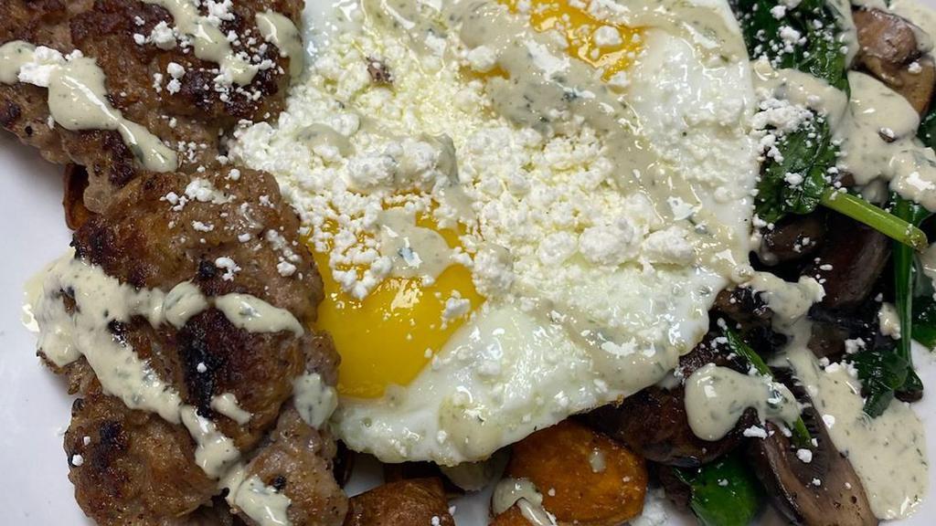 Gumby'S Bowl · Sausage, 2 eggs, sweet potato home fries, spinach, mushrooms, goat cheese & green goddess dressing.