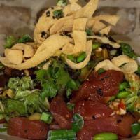 Tuna Poke Salad · Mixed greens, marinated ahi tuna, sweet chili dressing, pineapple salsa, marinated cabbage, ...