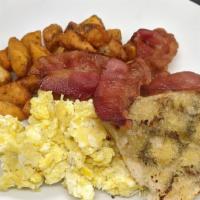 Kid Breakfast Plate · Scrambled egg, home fries, bacon & toast.