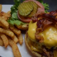 Double Bacon Cheese Burger · Two Bacon & American Cheese Burgers. Comes with side.