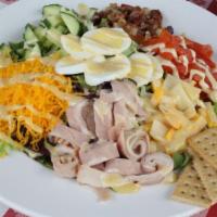 Chef Salad · Smoked Turkey, Ham, Bacon, American, Swiss & Cheddar Cheese, Boiled Egg, Tomato, Cucumber, M...