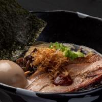 Jinya Tonkotsu Black Ramen · Pork broth: pork chashu, kikurage, green onion, nori dried seaweed, seasoned egg, garlic chi...
